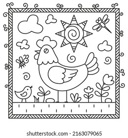 Chicken and chick in the meadow with flowers. A bee and a dragonfly fly around. Above the sky with clouds. Black and white vector illustration for coloring book.