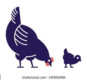 Chicken with chick pecking flat vector illustration. Domestic bird breeding concept. Dark blue hen isolated design element with outline. Poultry farming, hennery symbol on white background