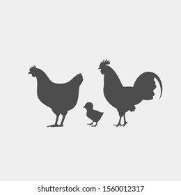 Chicken, Chick, Rooster Vector Silhouette. Farm Birds Silhouettes
