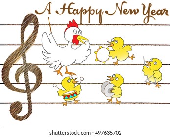 Chicken and chick to sing a song in celebration of the New Year