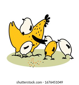 Chicken and chickens cartoon flat vector illustration. Easter. Chicken meat production, poultry farming. Funny yellow chickens.