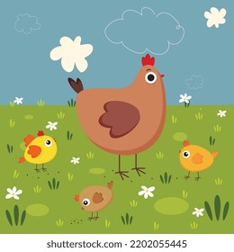chicken and chickens in a flower meadow in a flat style