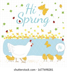 
Pollos y pollitos en un día cálido de primavera