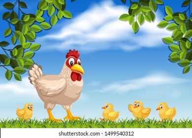 Chicken and chicks in wood scenes illustration