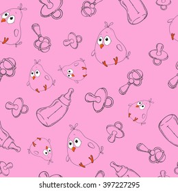 Chicken and children seamless pattern. Cartoon background vector