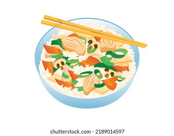 Chicken chop suey with rice icon vector. Bowl with rice, chopped chicken pieces and vegetables icon vector isolated on a white background. American Chinese food drawing