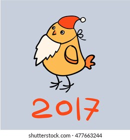 chicken in a christmas hat. Happy New Year 2017. Year of the rooster. Vector illustration