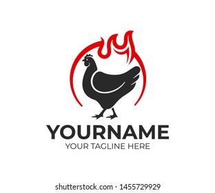 Chicken in circle and flame of fire, logo design. Food, meal and eating, eatery and restaurant, vector design and illustration