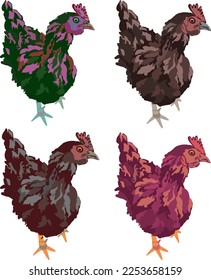 Chicken clipart. Set of colored vector illustrations of poultry.Chickens in retro style, segmented on a white background.For modern posters, postcards and printing