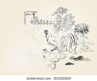 chicken cock hen vector card japanese chinese nature ink illustration engraved sketch traditional