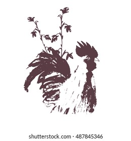 Chicken cock ink watercolor sketch brush hand drawn pattern. Vector illustration