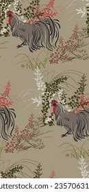 rooster de gallo de pollo campiña de aves japón chino tradicional ilustración de vectores fondo patrón transparente colorido tinta de color de agua texturada