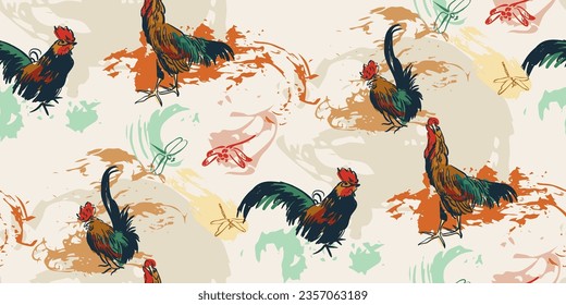 chicken cock rooster bird countryside japanese chinese traditional vector illustration card background seamless pattern colorful watercolor ink textured