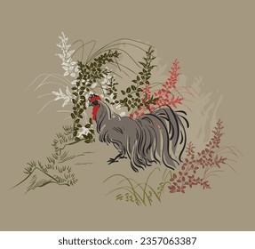chicken cock rooster bird countryside japanese chinese traditional vector illustration card background colorful watercolor ink textured