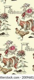 chicken cock vector japanese chinese nature ink illustration engraved sketch traditional textured seamless pattern colorful