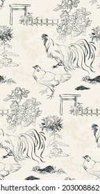 chicken cock vector japanese chinese nature ink illustration engraved sketch traditional textured seamless