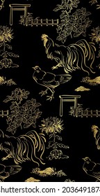 chicken cock vector japanese chinese nature ink illustration engraved sketch traditional textured seamless pattern black