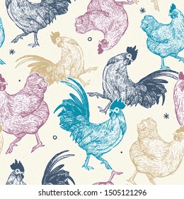 chicken collection seamless pattern, hand draw sketch vector. Line art seamless pattern