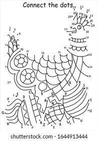 Chicken and colored eggs dot to dot puzzle for kids. Happy Easter pastime brainteaser printable game for learn English alphabet and numbers. Cute visual riddle for fun with cartoon domestic bird. 