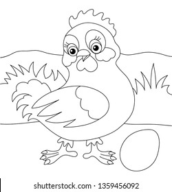 Chicken coloring book isolated on white background. Vector funny hen illustration with egg  in grass