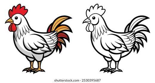 Página De Coloração De Frango Para Crianças Imprimível. Chicken Hen Design Vetor Ilustração Desenho Animado Sobre Fundo Branco