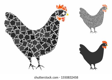 Chicken composition of unequal items in variable sizes and color tones, based on chicken icon. Vector unequal items are combined into collage. Chicken icons collage with dotted pattern.