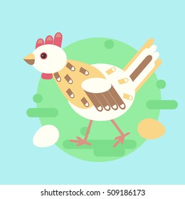Chicken concept. Cute stock vector illustration of a domesticated bird in flat style for eco farm, easter decoration, poultry.Cartoon character.