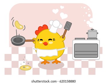 Chicken cook baking pancake in kitchen (vector illustration)