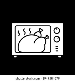 Chicken cooking in microwave dark mode glyph icon. Prepare turkey. Roasted meat. Electrical home appliance for cookery. White silhouette symbol on black space. Vector isolated illustration
