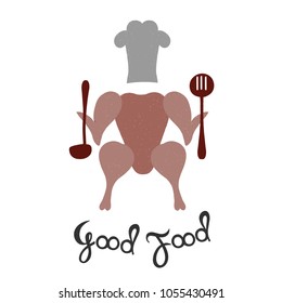 Chicken in the cook's hat. Grilled chicken with Cutlery