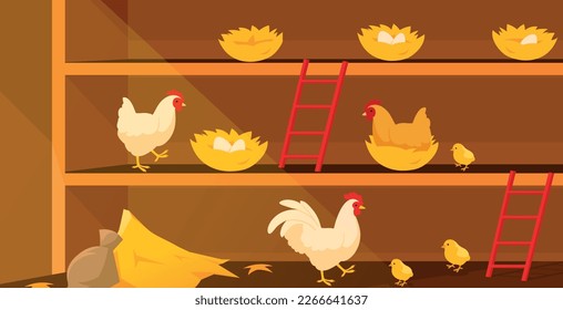 Chicken coop banner. Animals and nest with eggs. Farming and agriculture. Natural and organic products. Mother with kids, chicks. Hen house on farm, rural barn. Cartoon flat vector illustration