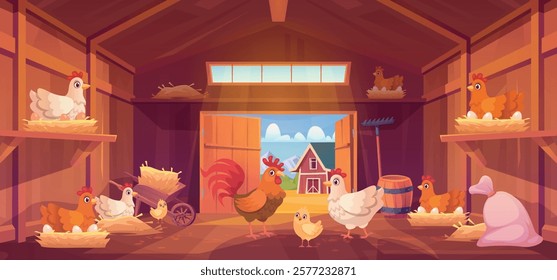 Chicken coop. Cartoon henhouse wooden barn inside interior, poultry pasture farmhouse with chickens rooster eggs domestic bird indoor shed farm house, swanky vector illustration original artwork