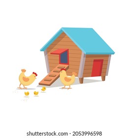 Chicken coop with chickens, hen house cartoon vector illustration.