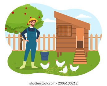 Chicken Coop concept. A young male farmer feeds chickens with millet near their house. Taking care of animals. Birds peck grain. Cartoon modern flat vector illustration isolated on a white background