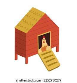 Chicken coop with a cute hen inside. Farm bird house isolated element in cartoon style. Vector illustration