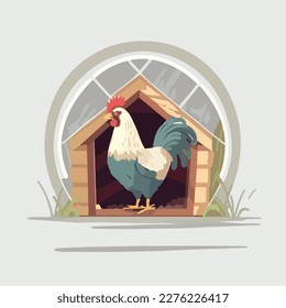 Chicken in a coop. Domestic or farm yard animals. Flat vector illustration concept