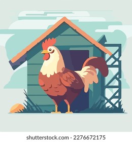 Chicken in a coop. Domestic or farm yard animals. Flat vector illustration concept