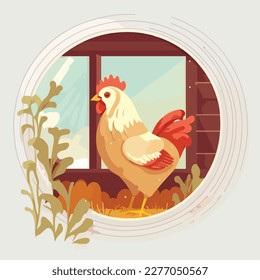 Chicken in a coop. Domestic or farm yard animals. Flat vector illustration concept