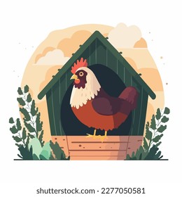 Chicken in a coop. Domestic or farm yard animals. Flat vector illustration concept