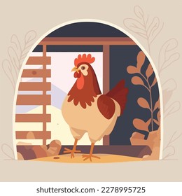 Chicken in a coop. Domestic or farm yard animals. Flat vector illustration concept