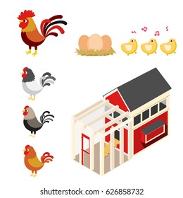 chicken coop farm vector cartoon illustration set 