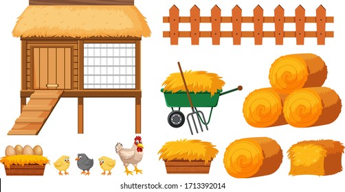 Chicken coop and hays on white background illustration