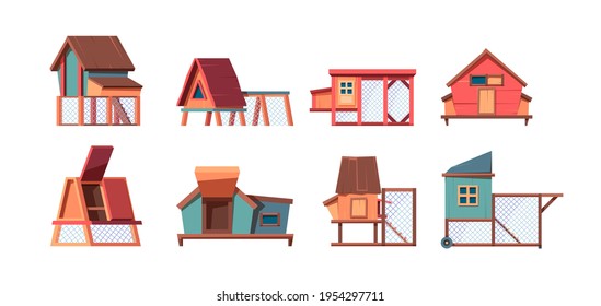 Chicken coop. Hen comfortable house in village broiler farms poultry garish vector flat wooden constructions set isolated