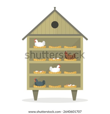 Chicken coop icon with hens and eggs. Chicken coop interior. Farm chicken coop. Agribusiness.