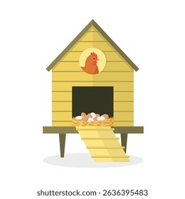 Chicken coop icon with ladder and chicken eggs in nest. Farm chicken coop.
