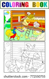Chicken coop. Interior and life of birds in the chicken coop coloring for children cartoon vector illustration. Zentangle style. Black and white