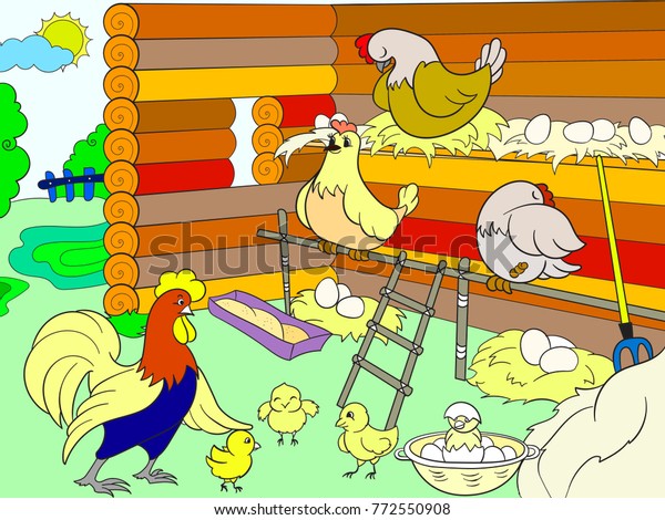 Chicken Coop Interior Life Birds Chicken Stock Vektorgrafik