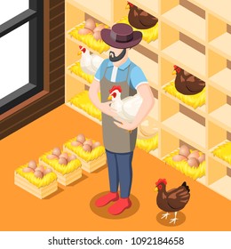 Chicken coop isometric background with farmer, hens, eggs in wooden boxes with straw vector illustration