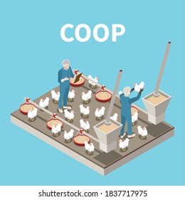 Chicken coop isometric background with staff feeding poultry in farm placement vector illustration