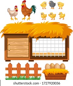 Chicken Coop And Many Chickens On White Background Illustration